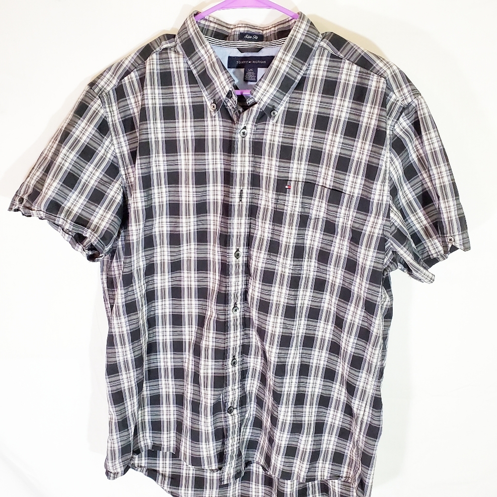 Tommy Hilfiger Mens Plaid Casual Short Sleeve Sz L